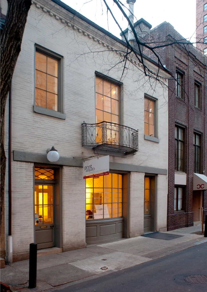 The Print Center’s Latimer Street building exterior at dusk