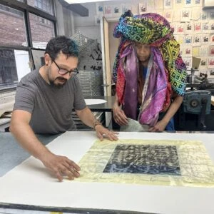 Printer Justin Sanz and artist Chakaia Booker at EFA Robert Blackburn Printmaking Workshop