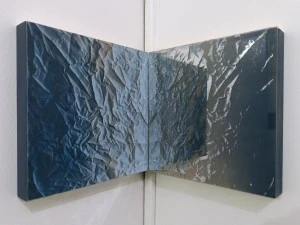 Anthony Bowers Actual Nitty Gritty Acrylic transfer on wood and  screen print acid etch on  mirror mounted to wood 12"x12"x12" 2015