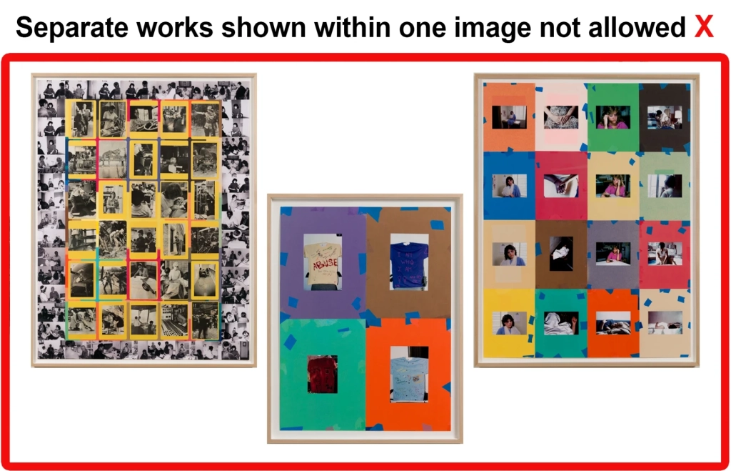 Carmen Winant, (left to right) Women at Work (Job Cards), 60 ¼″ x 46″; Violence is one of the ways that men have learned to cope with stress, 23 ½″ x 18″; and more